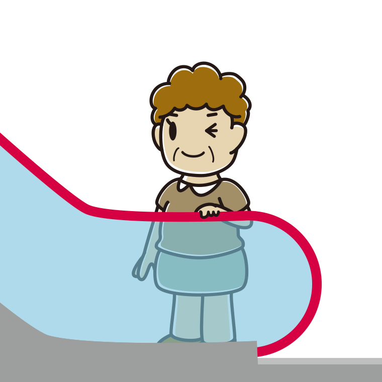 エスカレーターでウインクするおばさんのイラスト【色あり、背景なし】透過PNG