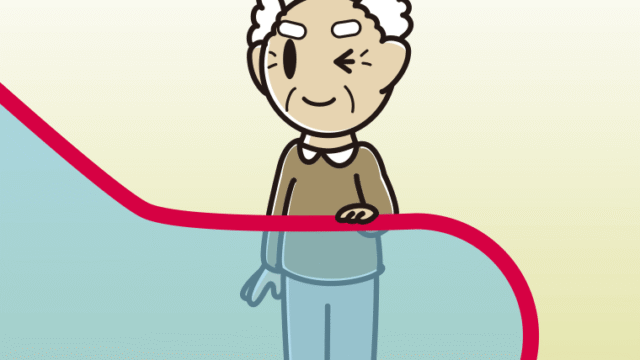 エスカレーターでウインクするおじいさんのイラスト【色、背景あり】PNG