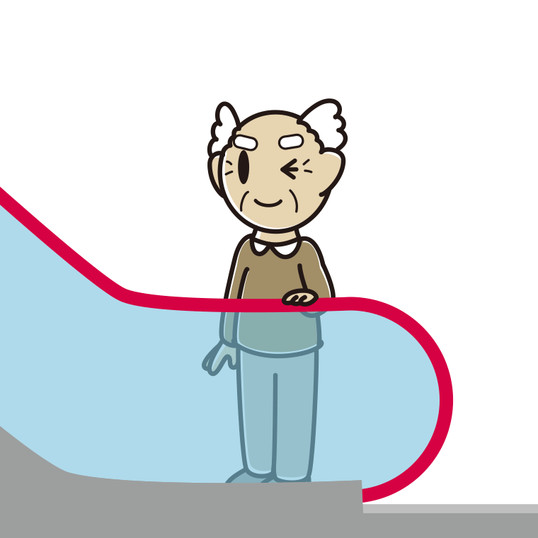 エスカレーターでウインクするおじいさんのイラスト【色あり、背景なし】透過PNG