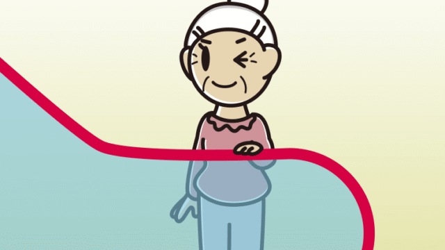 エスカレーターでウインクするおばあさんのイラスト【色、背景あり】PNG