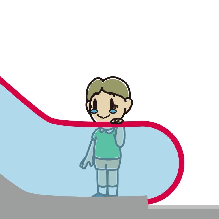 エスカレーターでジーンとする小学生男子のイラスト【色あり、背景なし】透過PNG