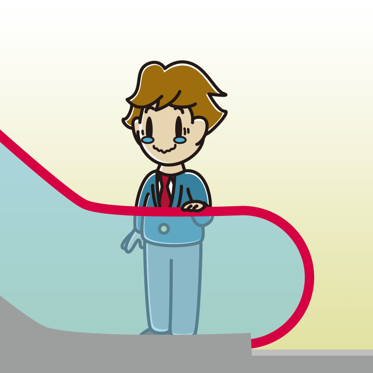 エスカレーターでジーンとする男子高校生のイラスト【色、背景あり】PNG
