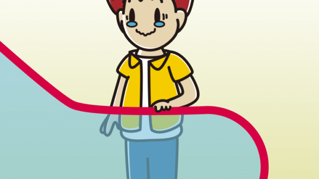 エスカレーターでジーンとする男子大学生のイラスト【色、背景あり】PNG