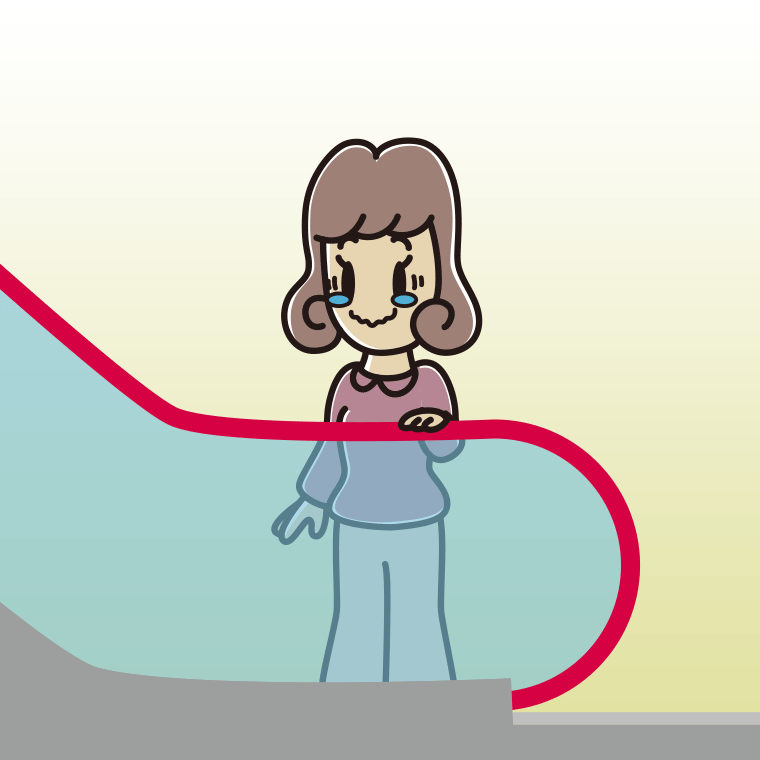 エスカレーターでジーンとする女子大学生のイラスト【色、背景あり】PNG