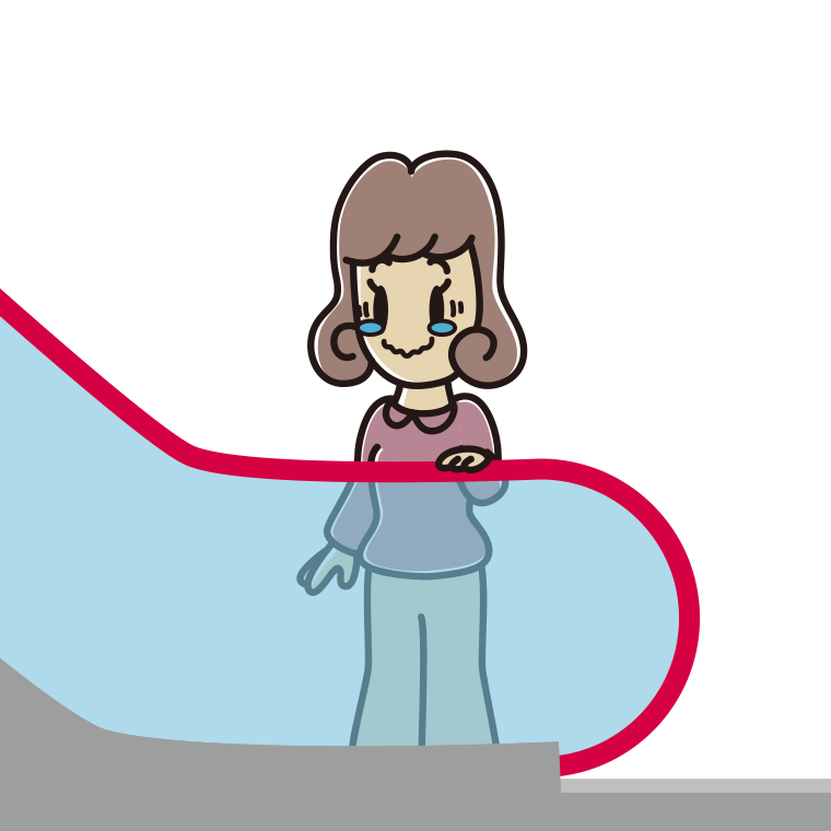 エスカレーターでジーンとする女子大学生のイラスト【色あり、背景なし】透過PNG