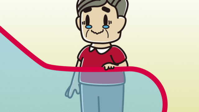 エスカレーターでジーンとするおじさんのイラスト【色、背景あり】PNG