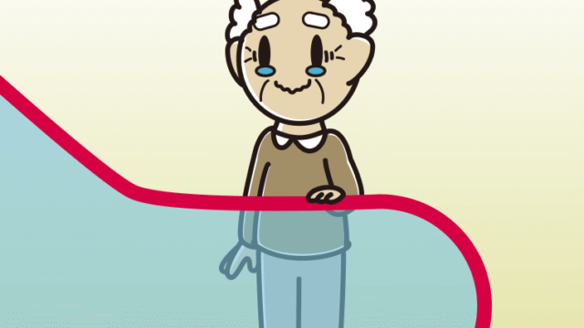 エスカレーターでジーンとするおじいさんのイラスト【色、背景あり】PNG