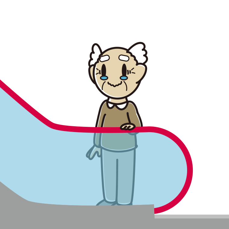 エスカレーターでジーンとするおじいさんのイラスト【色あり、背景なし】透過PNG