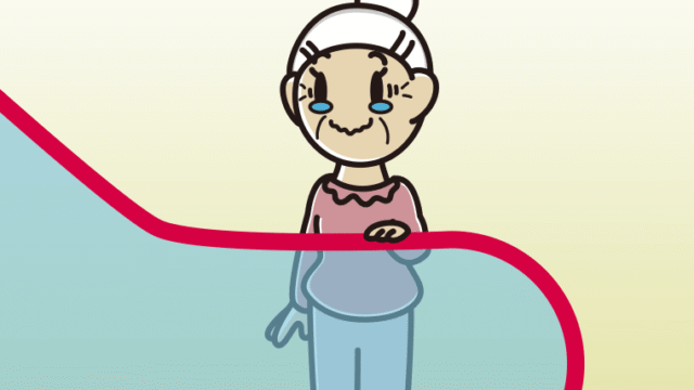 エスカレーターでジーンとするおばあさんのイラスト【色、背景あり】PNG