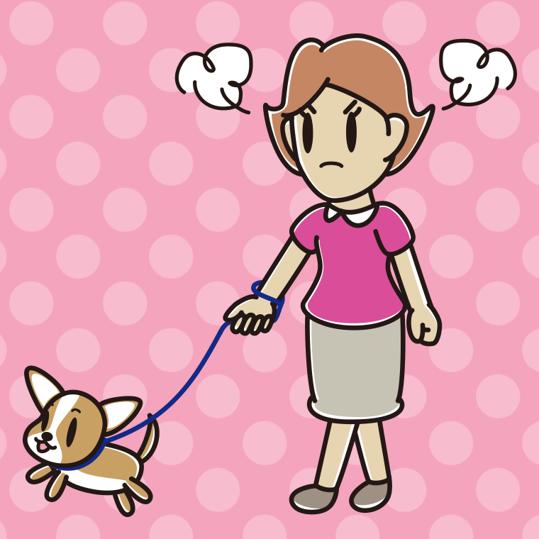 犬の散歩で怒る女性のイラスト【色、背景あり】PNG