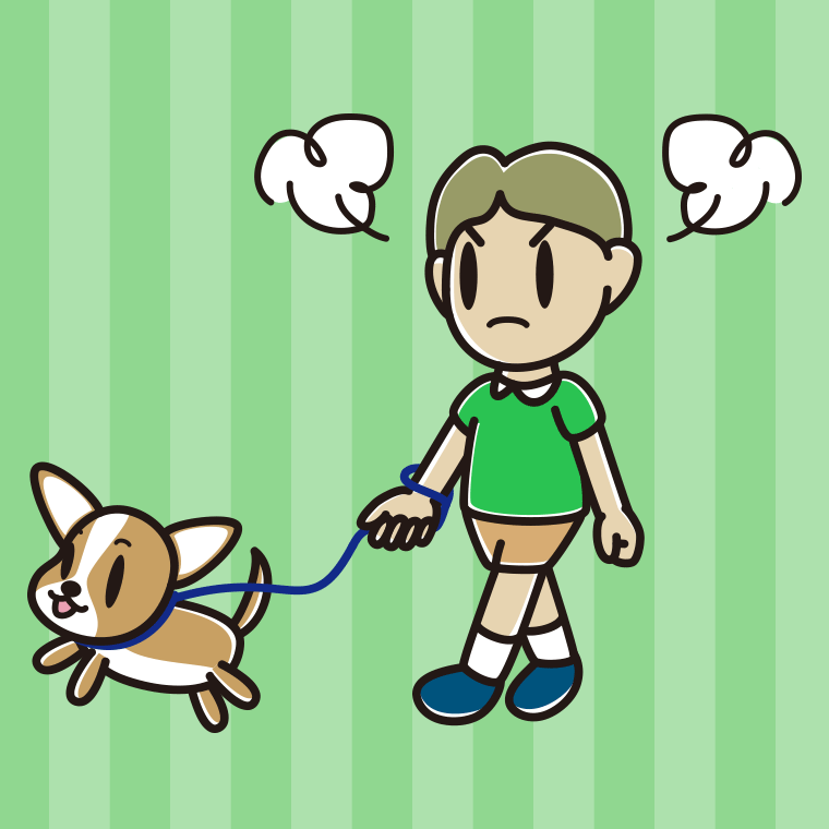 犬の散歩で怒る小学生男子のイラスト【色、背景あり】PNG