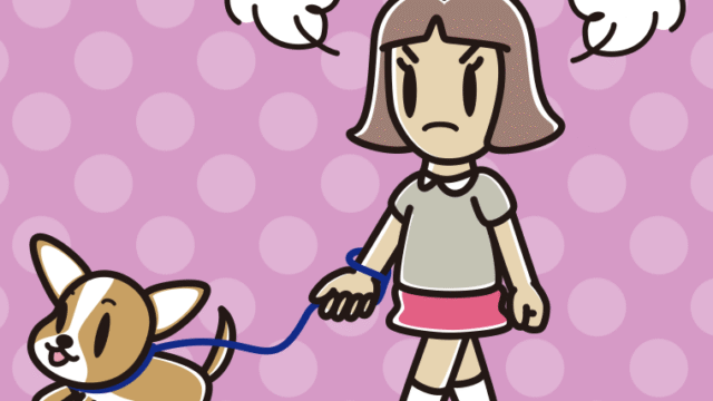 犬の散歩で怒る小学生女子のイラスト【色、背景あり】PNG