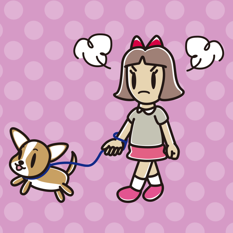 犬の散歩で怒る小学生女子のイラスト【色、背景あり】PNG