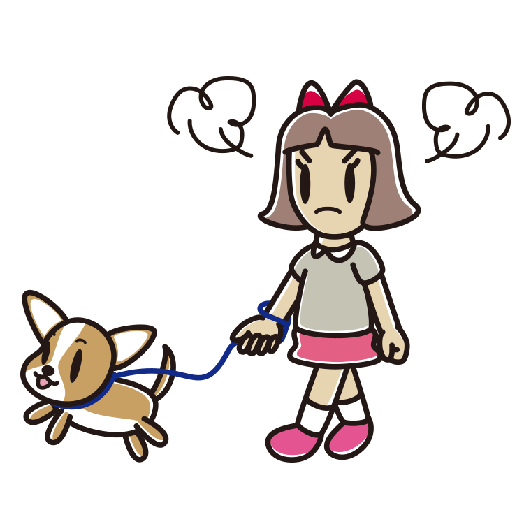 犬の散歩で怒る小学生女子のイラスト【色あり、背景なし】透過PNG