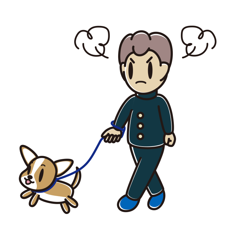 犬の散歩で怒る男子中学生のイラスト【色あり、背景なし】透過PNG