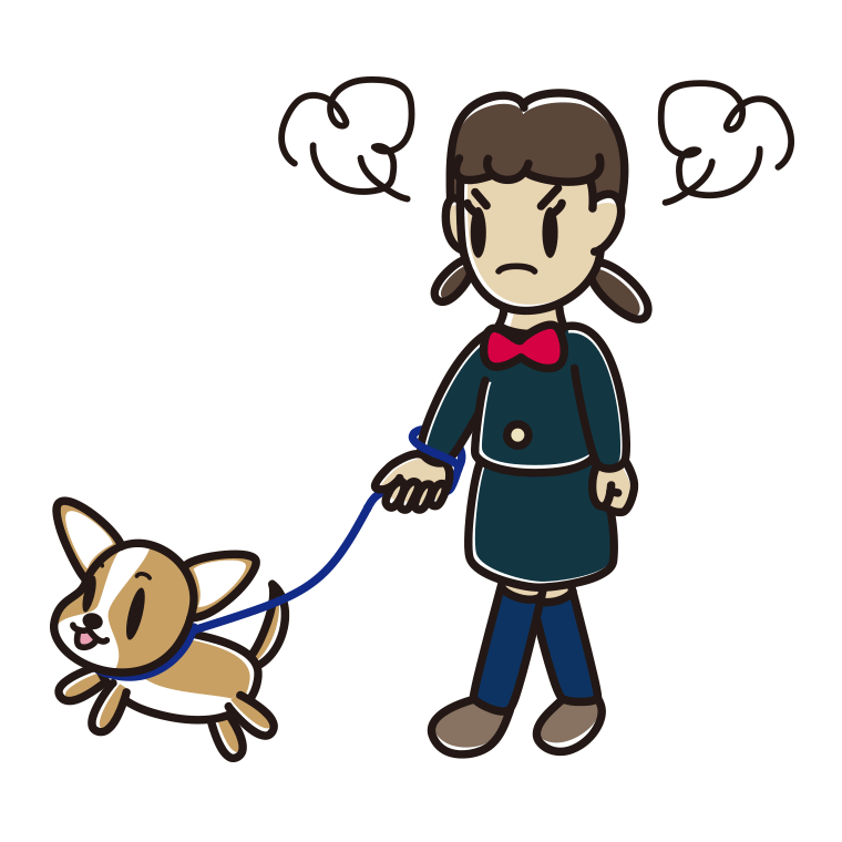 犬の散歩で怒る女子中学生のイラスト【色あり、背景なし】透過PNG