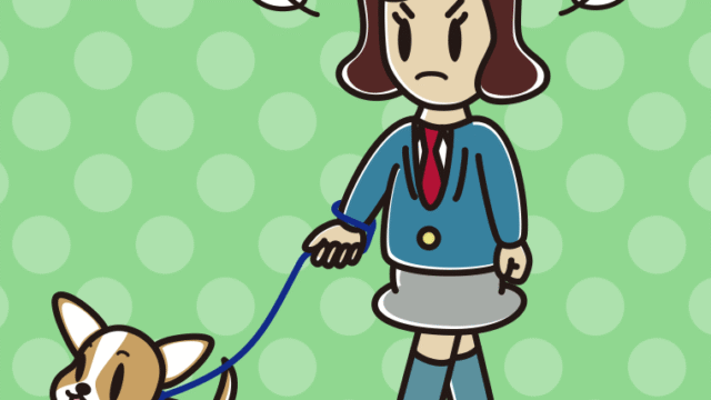 犬の散歩で怒る女子高校生のイラスト【色、背景あり】PNG