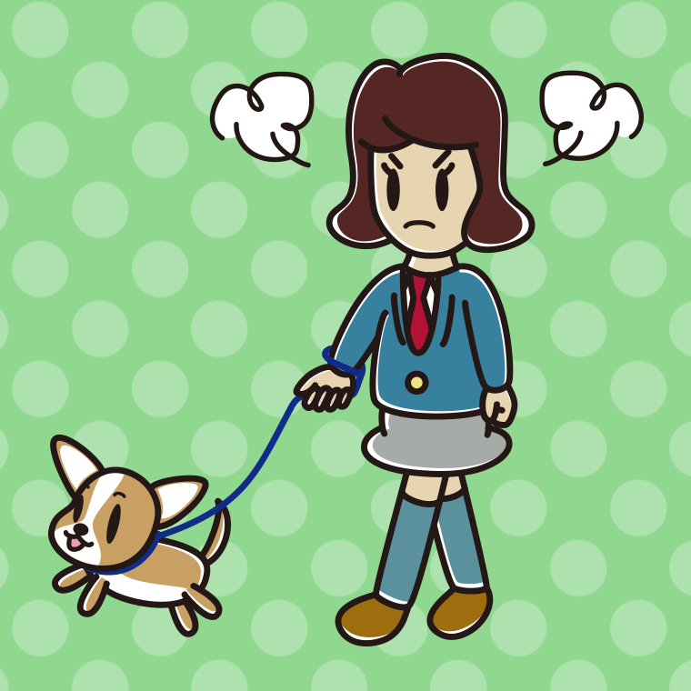 犬の散歩で怒る女子高校生のイラスト【色、背景あり】PNG