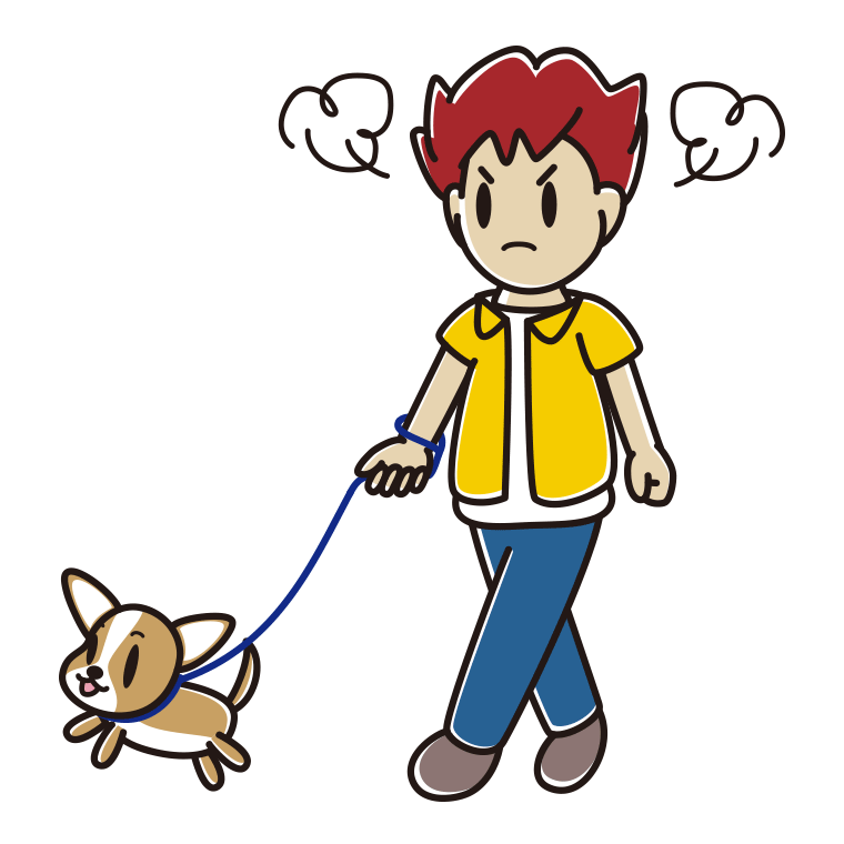 犬の散歩で怒る男子大学生のイラスト【色あり、背景なし】透過PNG