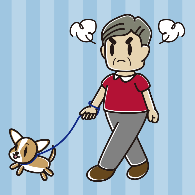 犬の散歩で怒るおじさんのイラスト【色、背景あり】PNG