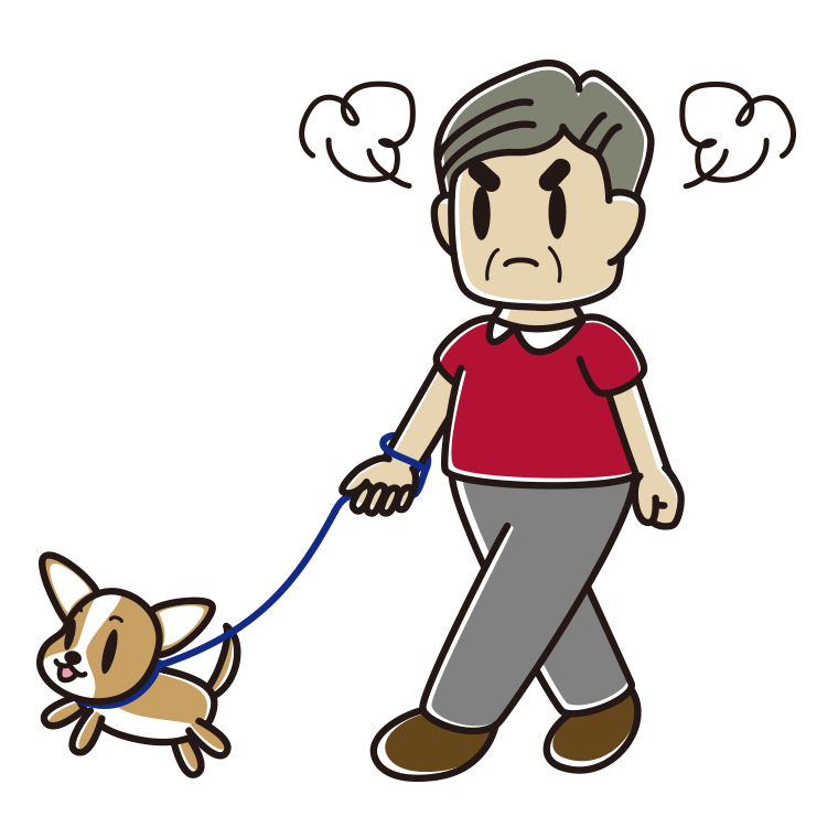 犬の散歩で怒るおじさんのイラスト【色あり、背景なし】透過PNG