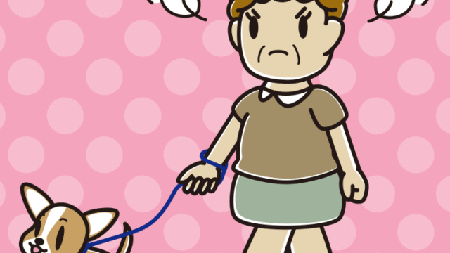犬の散歩で怒るおばさんのイラスト【色、背景あり】PNG