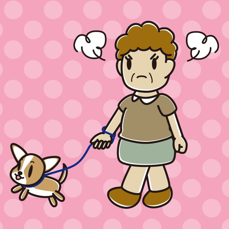 犬の散歩で怒るおばさんのイラスト【色、背景あり】PNG