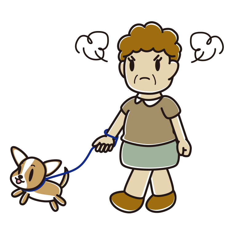 犬の散歩で怒るおばさんのイラスト【色あり、背景なし】透過PNG
