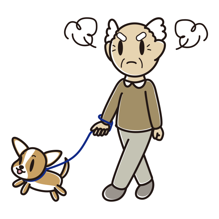 犬の散歩で怒るおじいさんのイラスト【色あり、背景なし】透過PNG