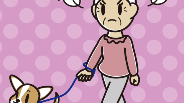 犬の散歩で怒るおばあさんのイラスト【色、背景あり】PNG