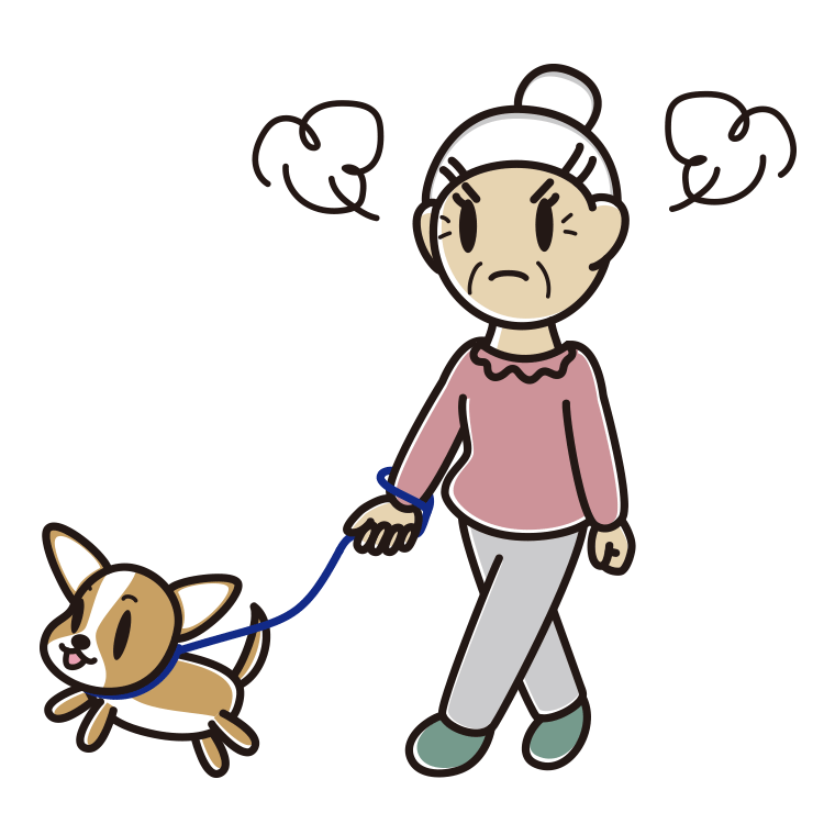犬の散歩で怒るおばあさんのイラスト【色あり、背景なし】透過PNG