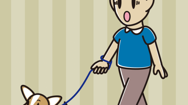 犬の散歩で驚く男性のイラスト【色、背景あり】PNG