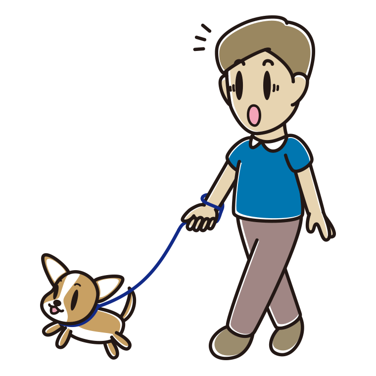 犬の散歩で驚く男性のイラスト【色あり、背景なし】透過PNG