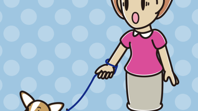 犬の散歩で驚く女性のイラスト【色、背景あり】PNG