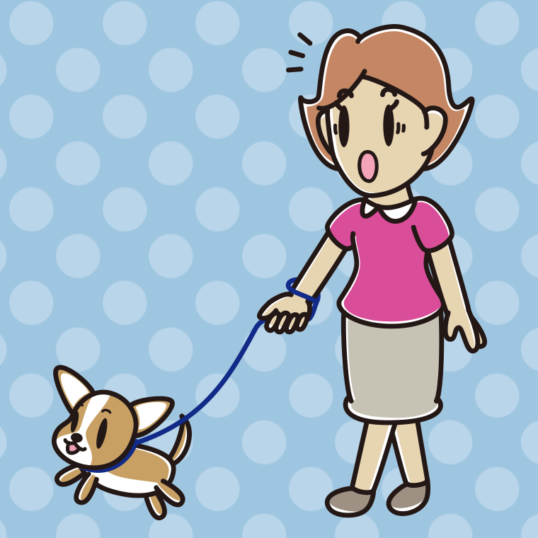 犬の散歩で驚く女性のイラスト【色、背景あり】PNG