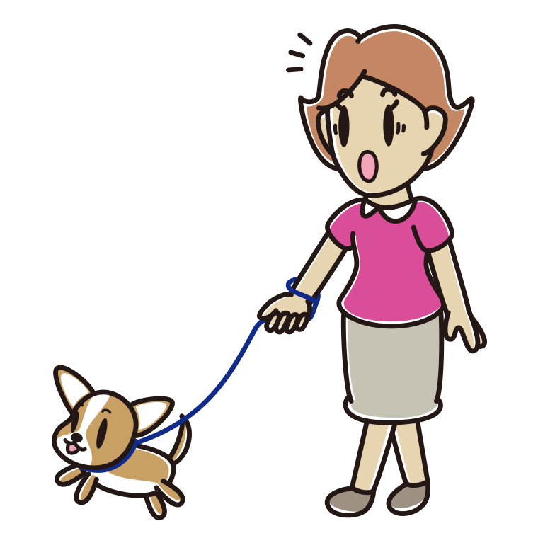 犬の散歩で驚く女性のイラスト【色あり、背景なし】透過PNG