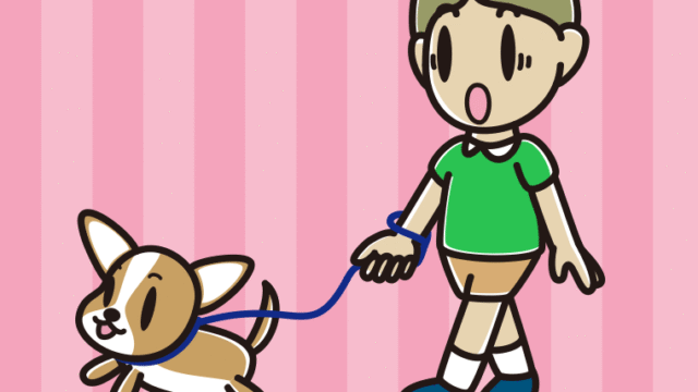 犬の散歩で驚く小学生男子のイラスト【色、背景あり】PNG