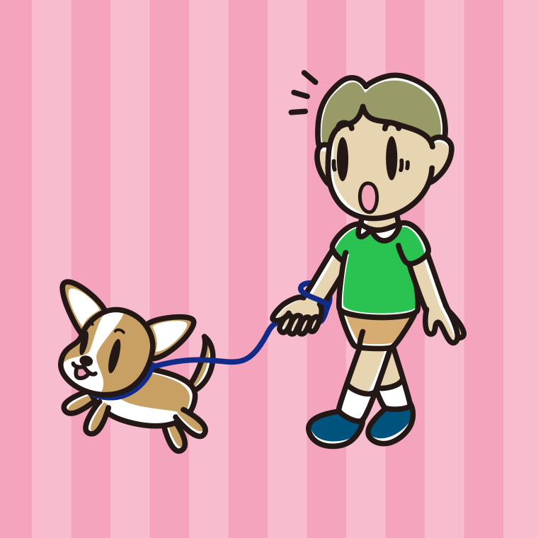 犬の散歩で驚く小学生男子のイラスト【色、背景あり】PNG