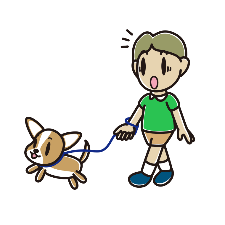 犬の散歩で驚く小学生男子のイラスト【色あり、背景なし】透過PNG