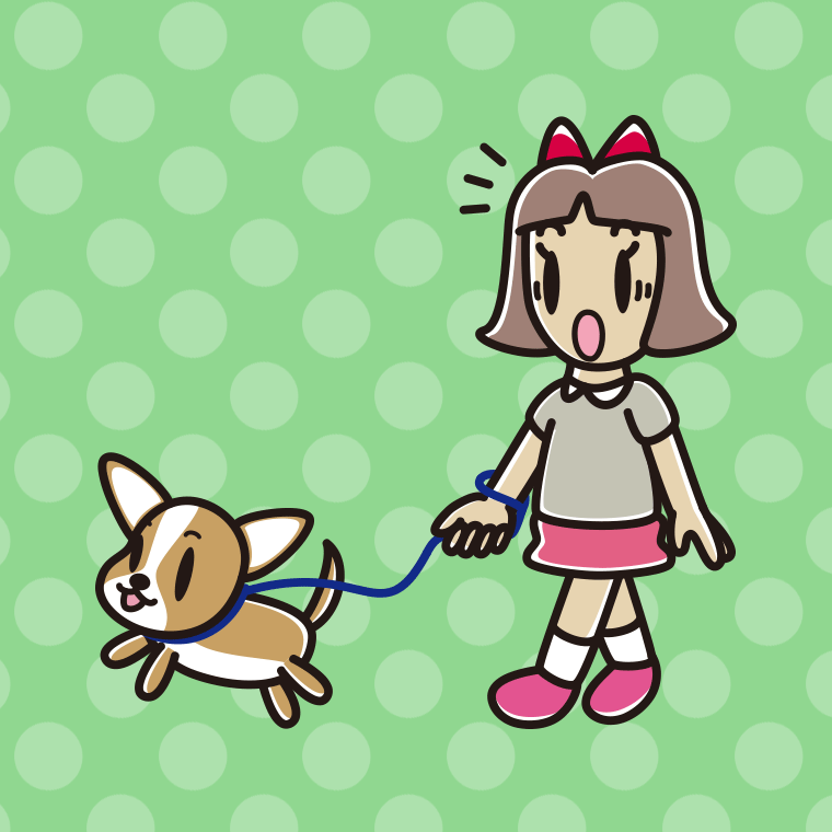 犬の散歩で驚く小学生女子のイラスト【色、背景あり】PNG