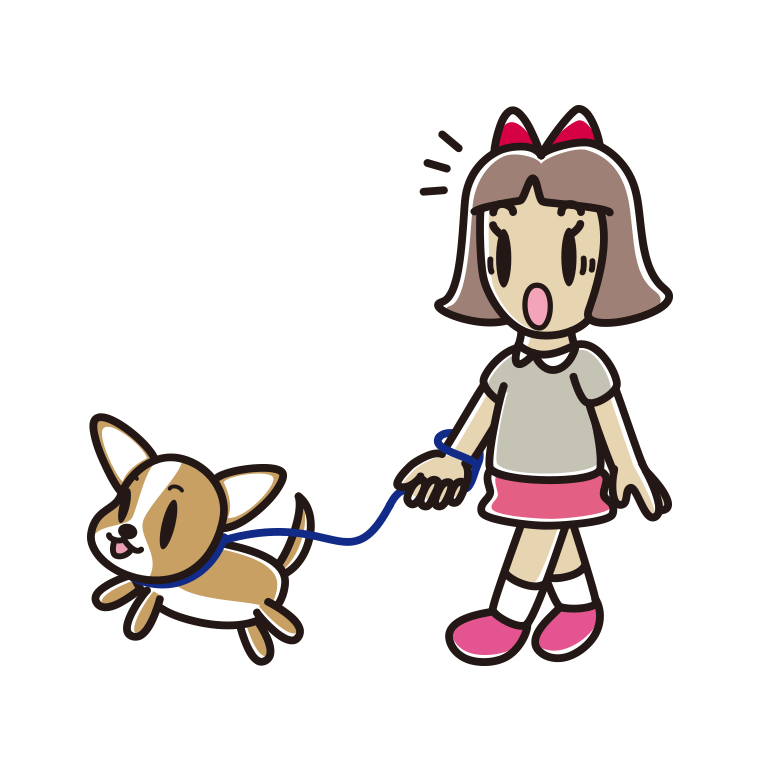 犬の散歩で驚く小学生女子のイラスト【色あり、背景なし】透過PNG