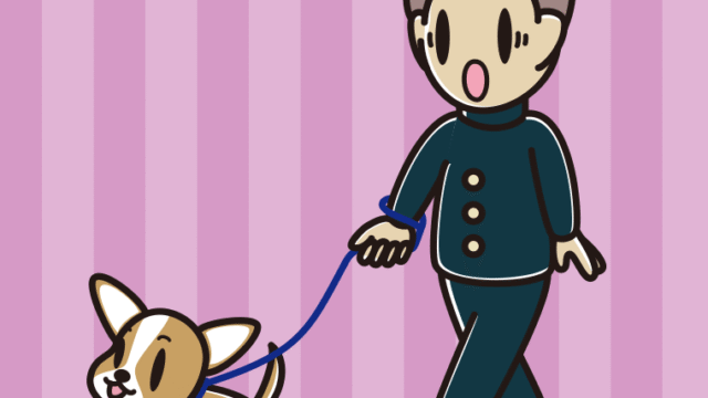 犬の散歩で驚く男子中学生のイラスト【色、背景あり】PNG