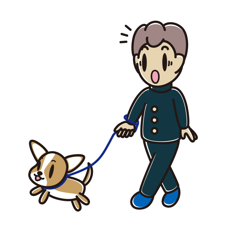 犬の散歩で驚く男子中学生のイラスト【色あり、背景なし】透過PNG