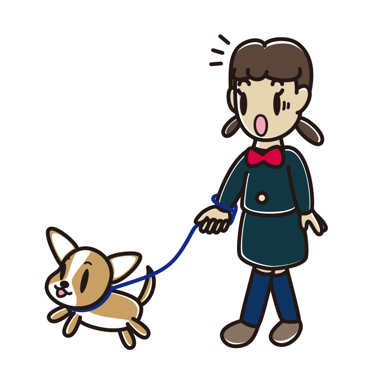 犬の散歩で驚く女子中学生のイラスト【色あり、背景なし】透過PNG