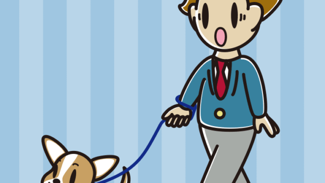 犬の散歩で驚く男子高校生のイラスト【色、背景あり】PNG