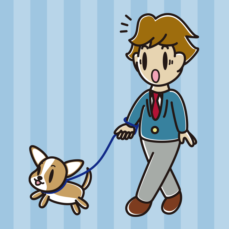 犬の散歩で驚く男子高校生のイラスト【色、背景あり】PNG