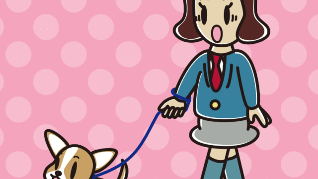 犬の散歩で驚く女子高校生のイラスト【色、背景あり】PNG