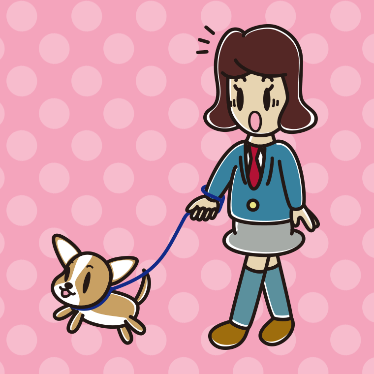 犬の散歩で驚く女子高校生のイラスト【色、背景あり】PNG