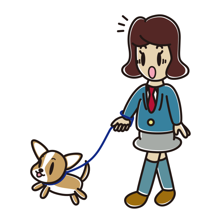 犬の散歩で驚く女子高校生のイラスト【色あり、背景なし】透過PNG