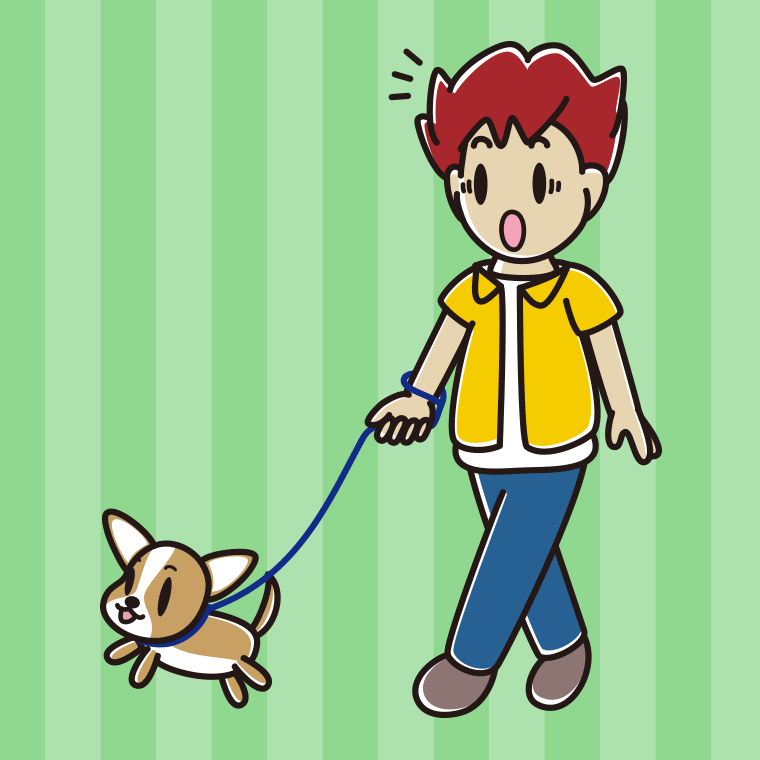 犬の散歩で驚く男子大学生のイラスト【色、背景あり】PNG